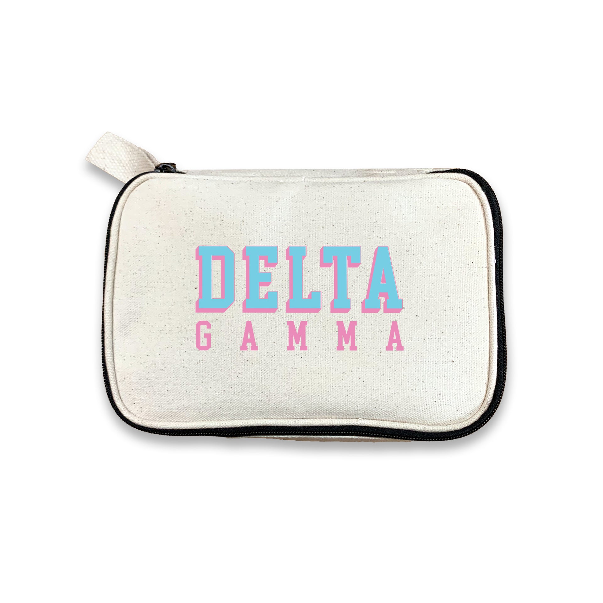 Delta Gamma 3D Print Sorority Name Cosmetic Make Up Bag displayed on white background
