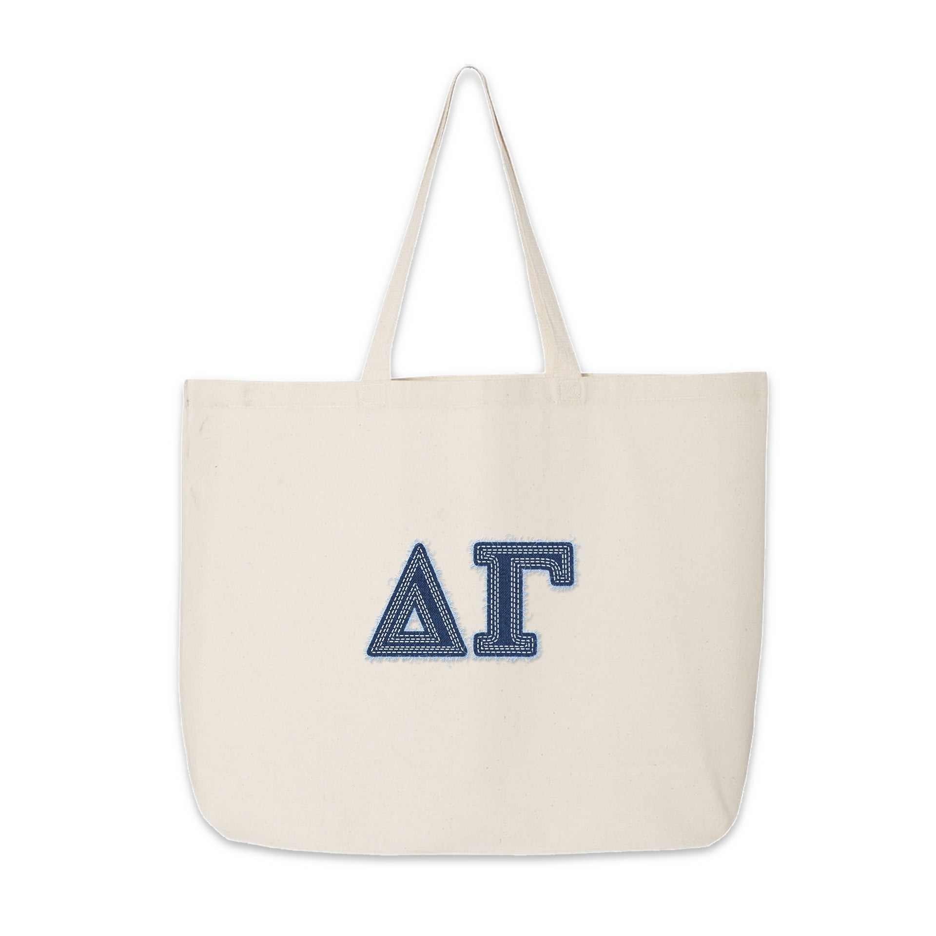 Clean product shot of the Delta Gamma tote with denim-style letters.
