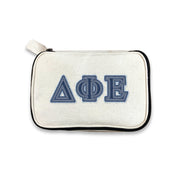 Delta Phi Epsilon canvas makeup pouch with DPhiE Greek letters in denim style, on a white background.