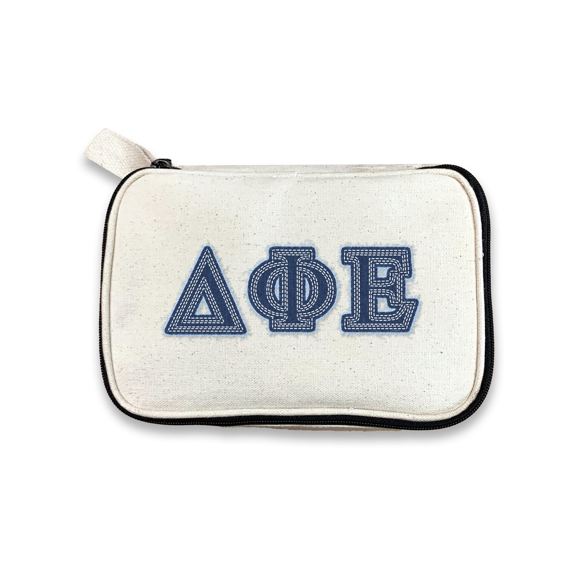 Delta Phi Epsilon canvas makeup pouch with DPhiE Greek letters in denim style, on a white background.