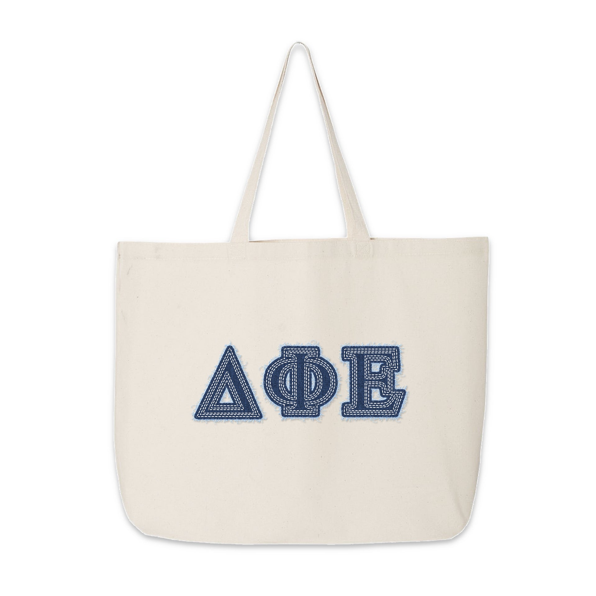 Delta Phi Epsilon tote with denim letters placed upright on a neutral background.