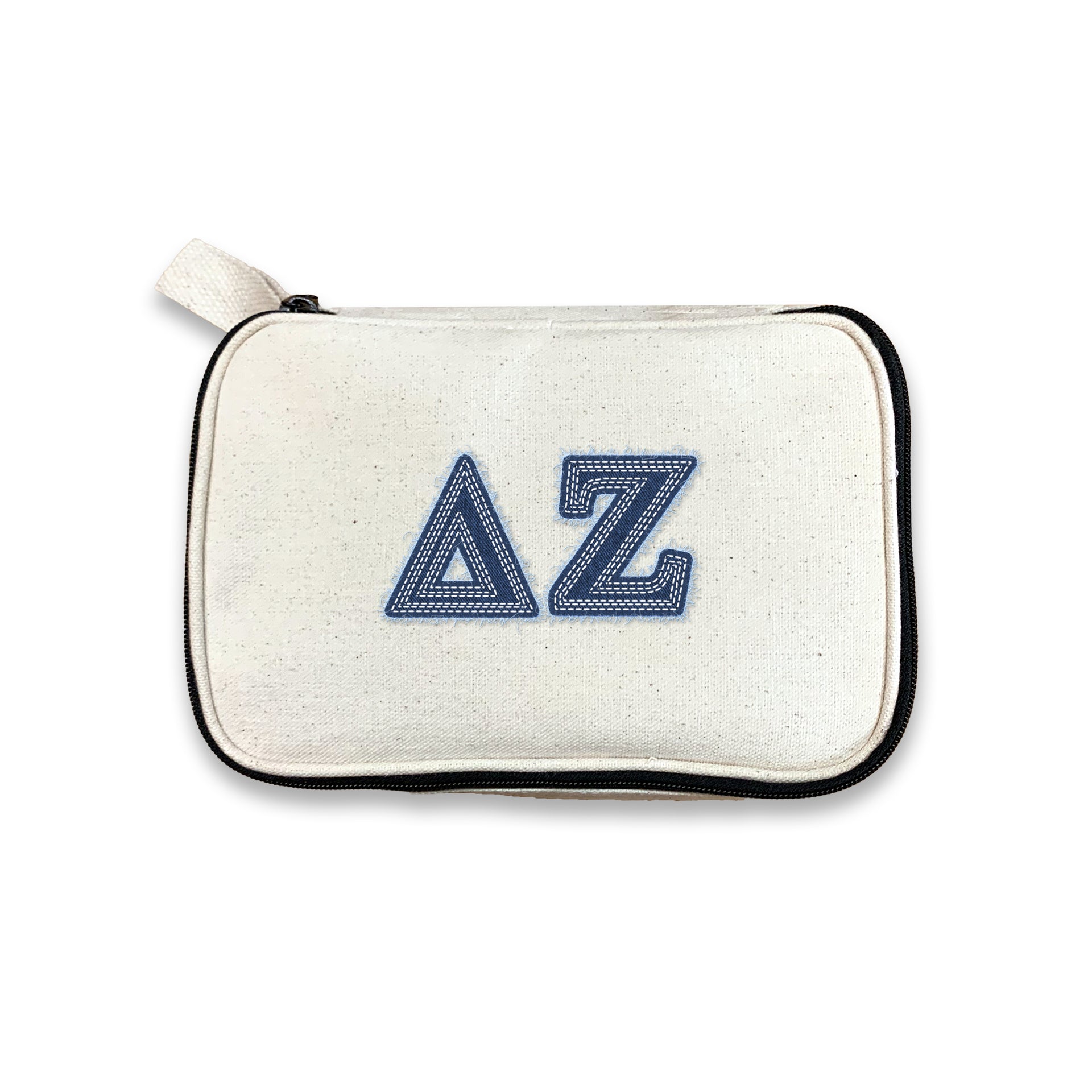 Delta Zeta sorority bag with DZ denim-style Greek lettering, displayed on a white backdrop.