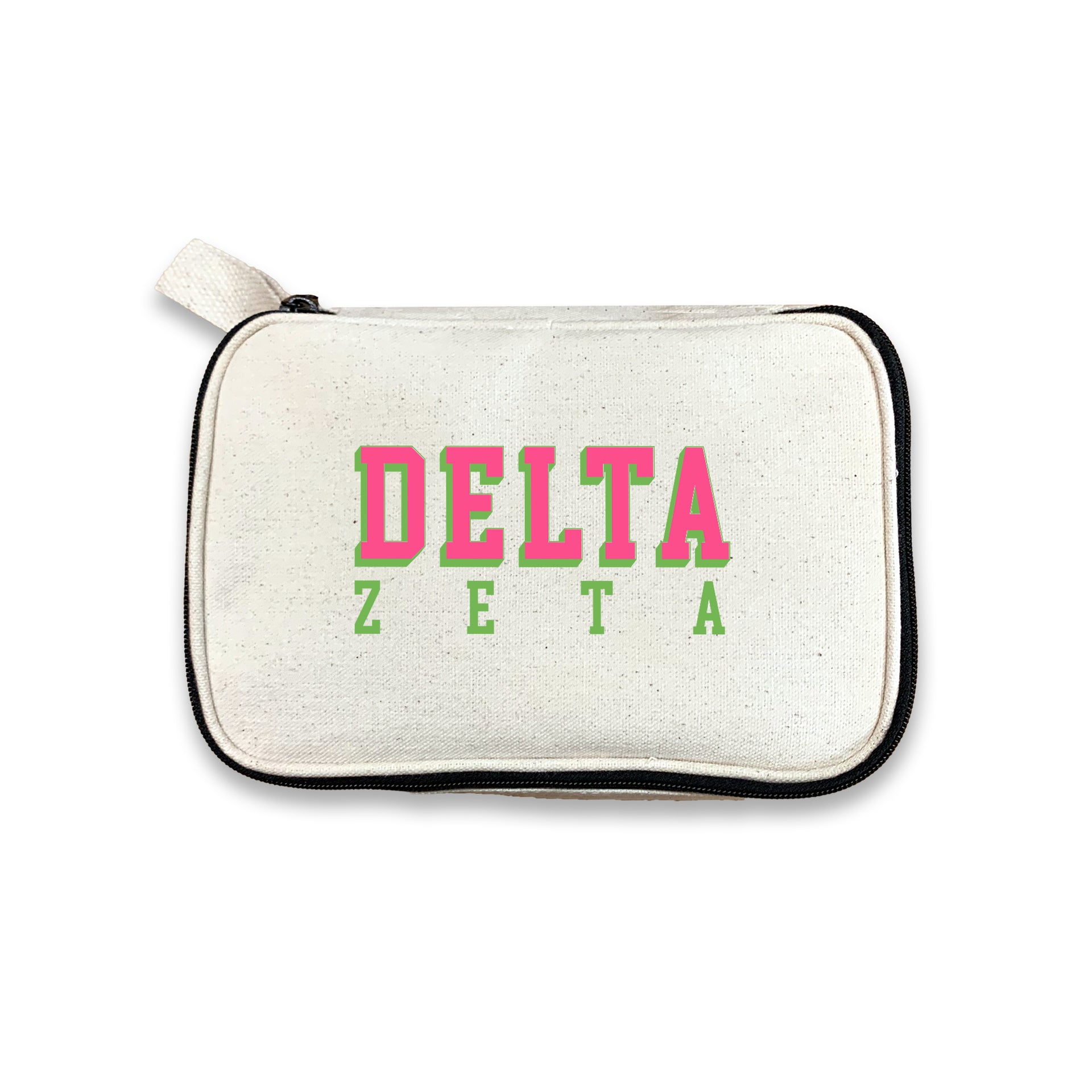 Delta Zeta 3D Print Sorority Name Cosmetic Make Up Bag displayed on white background