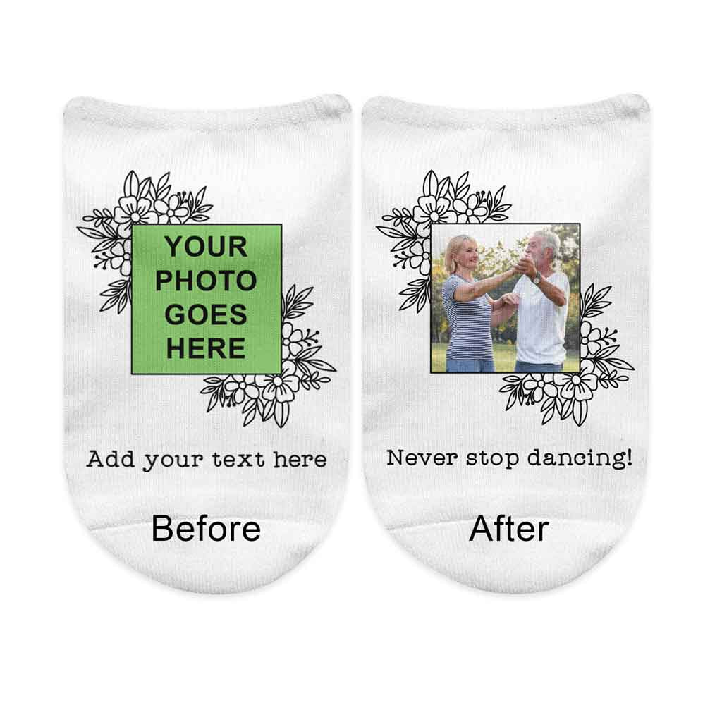 Floral frame design custom printed on white cotton no show socks personalized with your own photo and text.