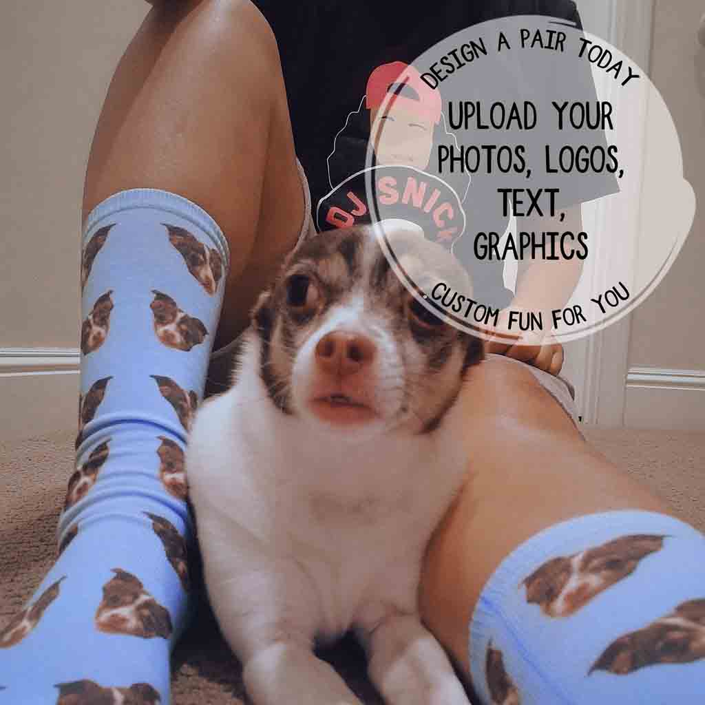 Fully customizable crew socks with all-over printing, displayed in white with a custom design example—great for photo socks, custom branding, or one-of-a-kind gift ideas.