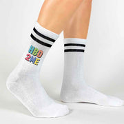 Cute birthday socks printed with “Happy Birthday to Me” and ready to gift