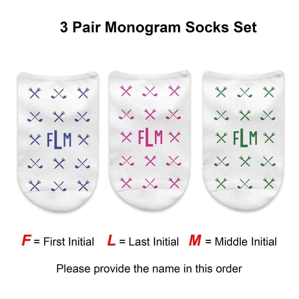Monogram golf socks design custom printed on white cotton no show socks in a three pair gift box set.