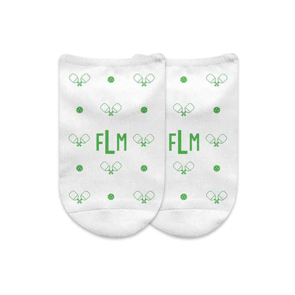 Green pickleball design custom printed on the top of white cotton no show socks personalized with your initials in a gift box set.