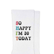 Personalized birthday socks for adults with age printed on white cotton crew socks