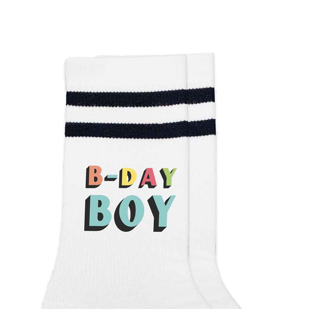 Birthday Boy printed on white socks with black stripes and gift-ready packaging