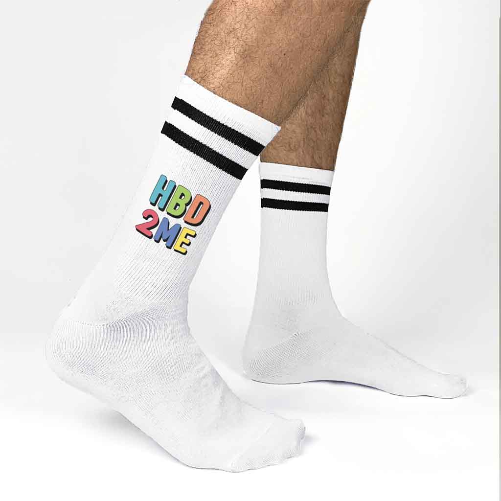 “Happy Birthday to Me” printed on striped white socks for fun celebrations
