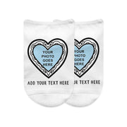 Heart frame design digitally printed on no show socks personalized with your own photo and text.