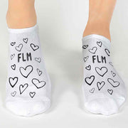 Super cute hearts design digitally printed on the top of white cotton no show socks with your initials.