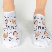 Hearts and photos custom printed on white cotton no show socks with your initials in a three pair gift box set.