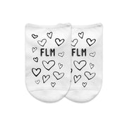 All over hearts design custom printed on white cotton no show socks personalized with your initials in a three pair gift box set.