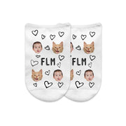 Photo faces and hearts design custom printed on white cotton no show socks in a three pair gift box set.