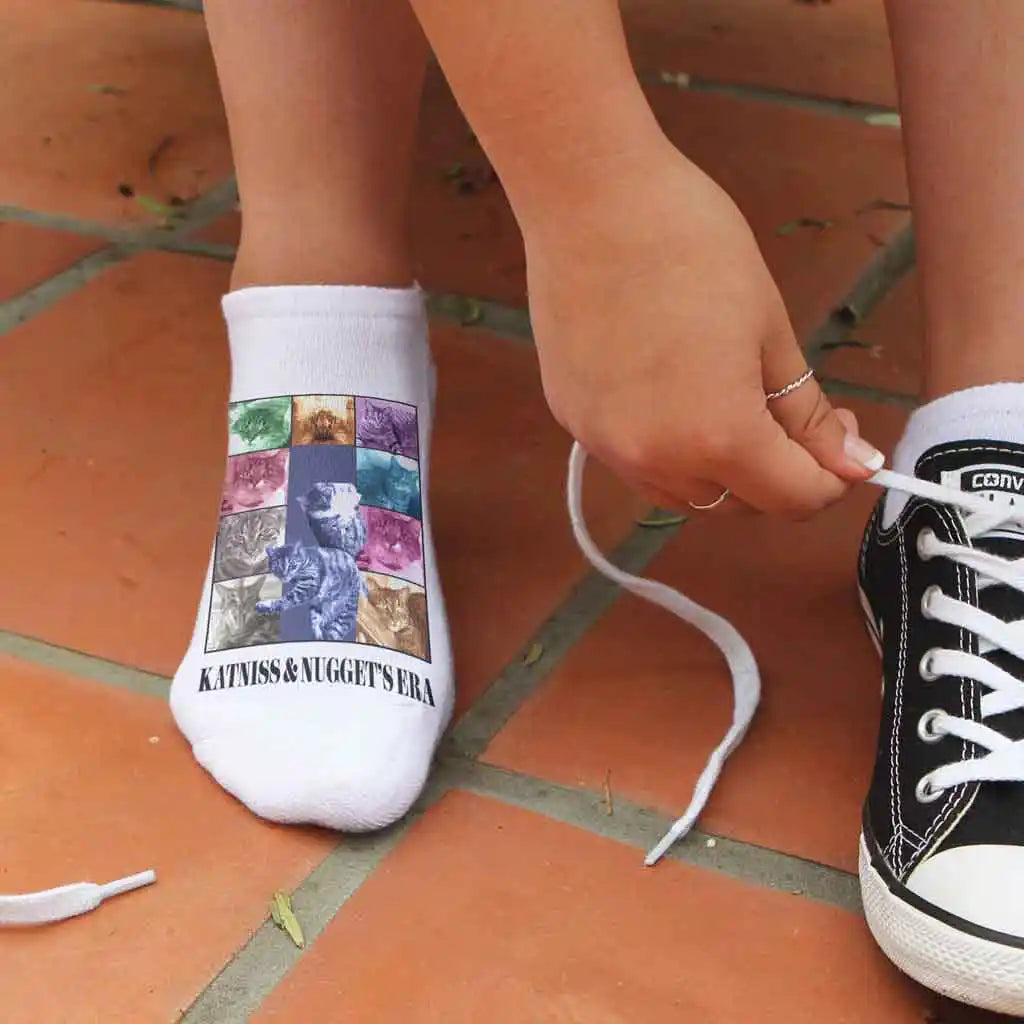 Send us photos of your cat to make an awesome pair of custom printed socks inspired by the Taylor Swift eras tour