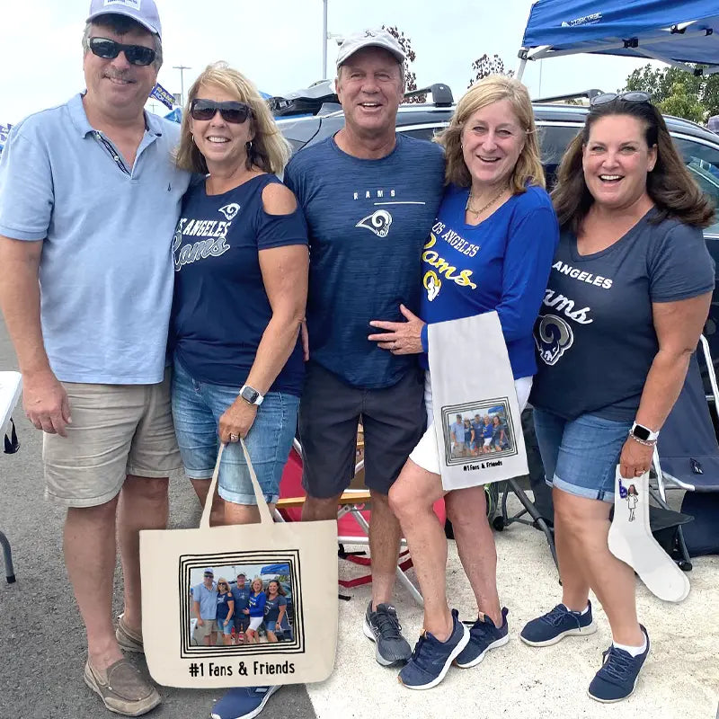 custom printed socks, totes, and towels are perfect for any tailgate party. Personalize with your photos for a fun gift idea. custom printed in the USA