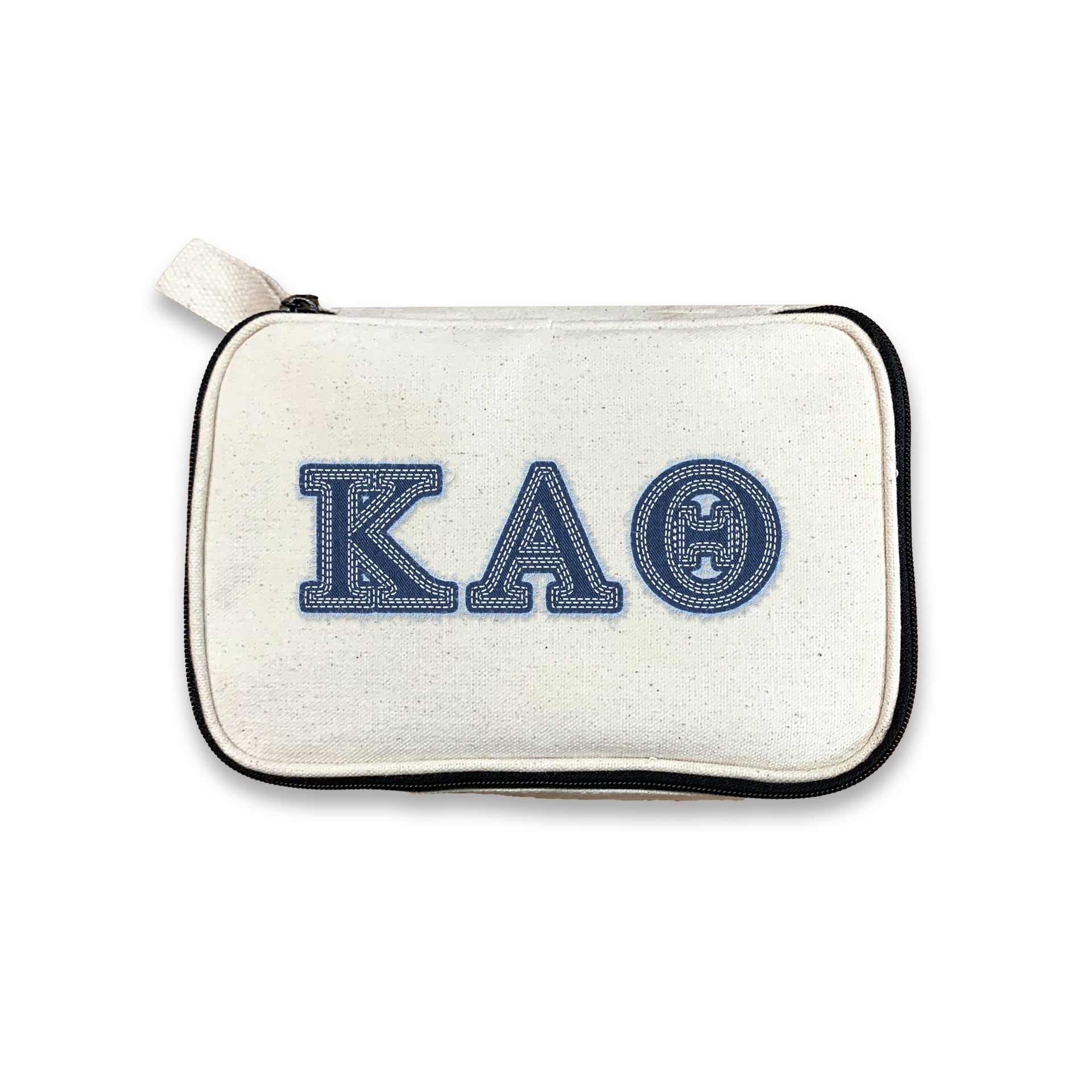 Kappa Alpha Theta canvas bag with Theta Greek letters in denim-look, against a white background.