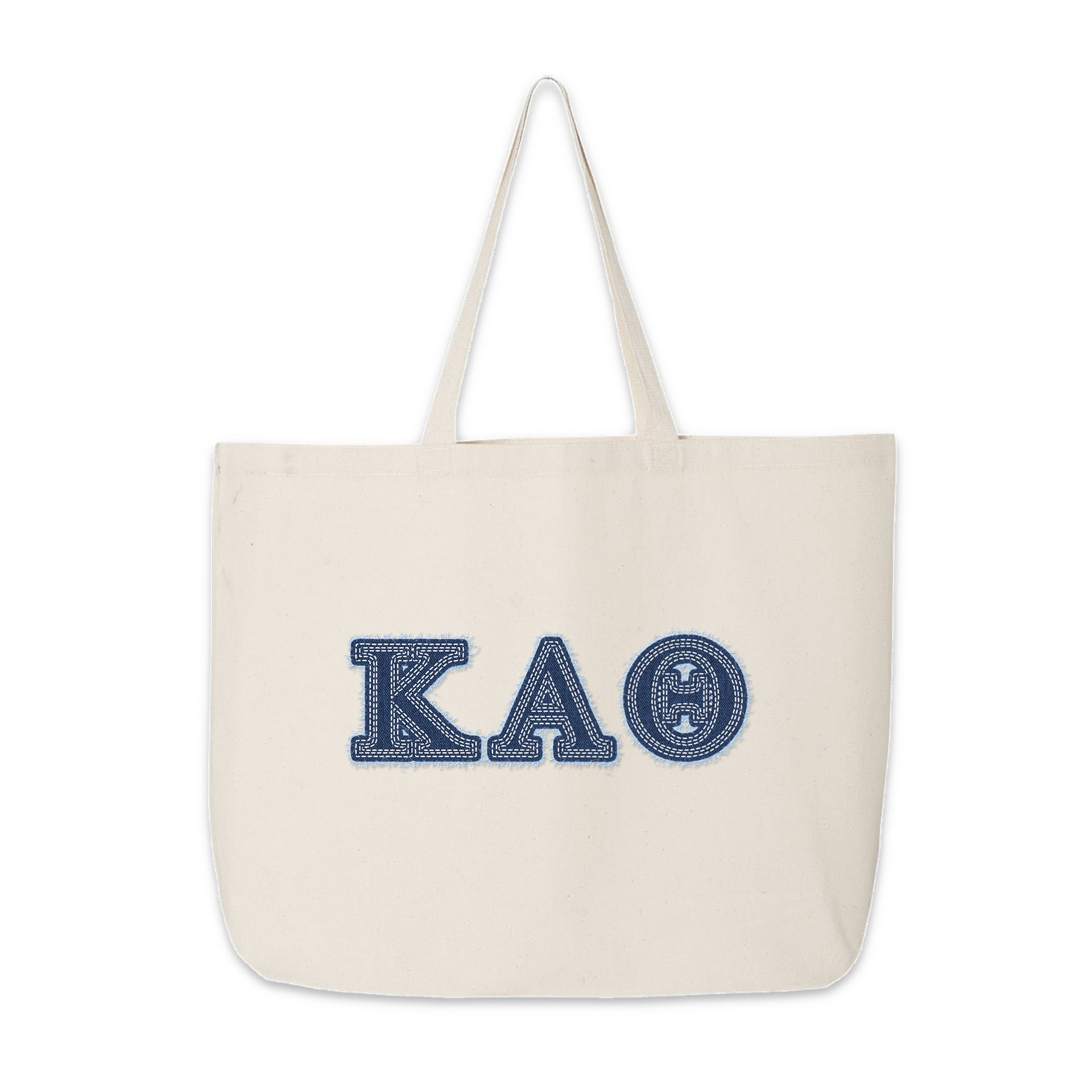 Front-facing image of Kappa Alpha Theta tote with denim Greek letters.