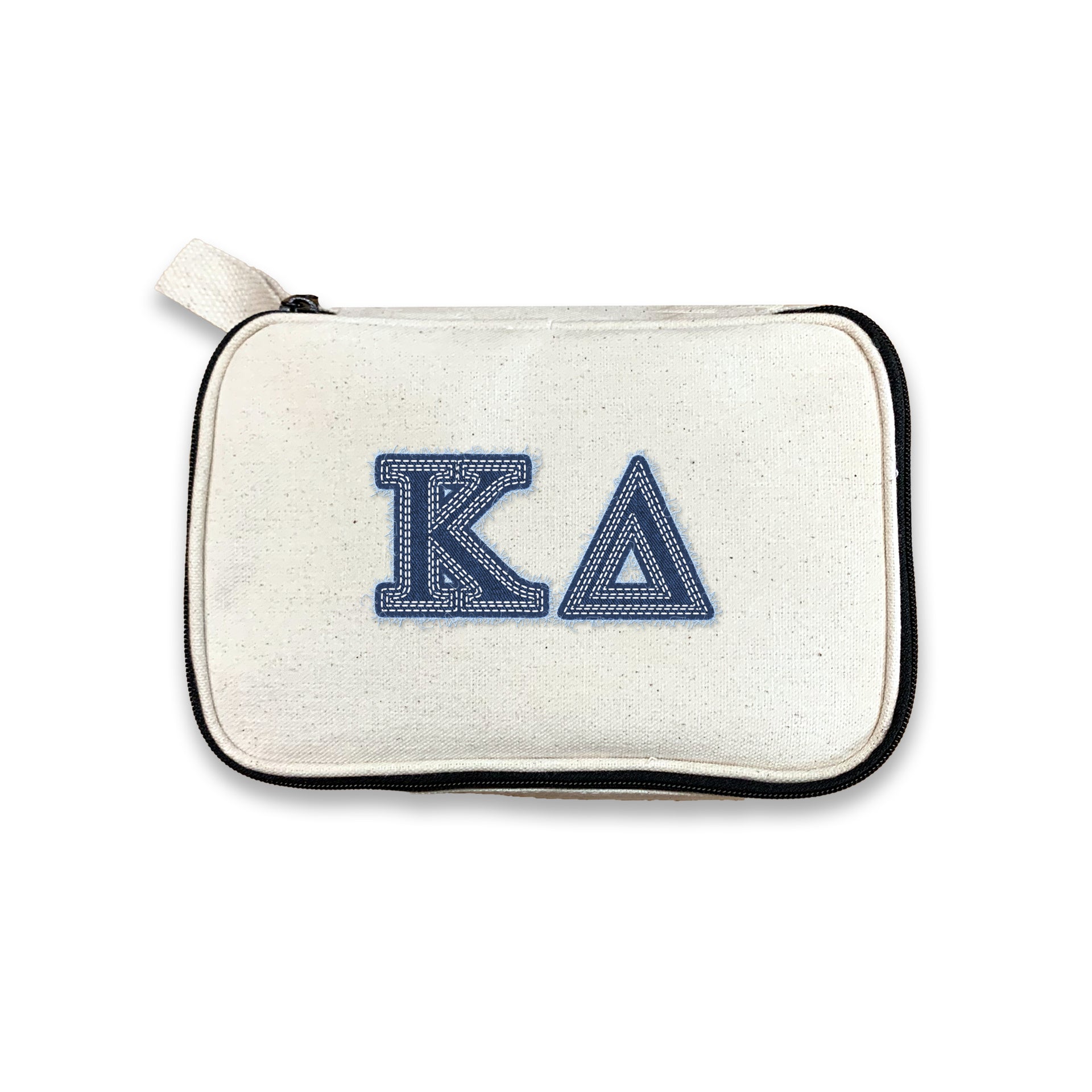 Kappa Delta sorority makeup bag with KD Greek letters printed in a denim-style, shown on white.