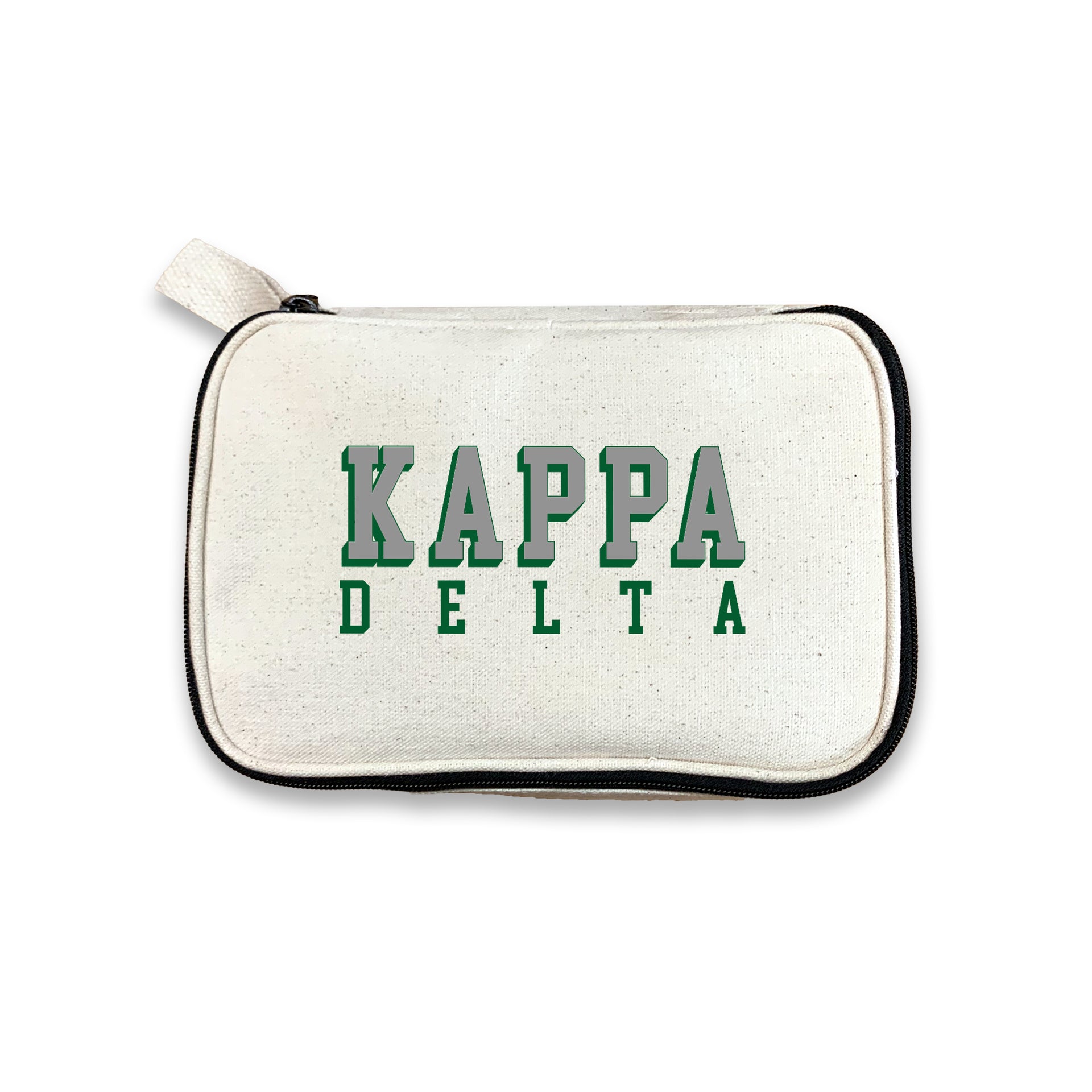 Kappa Delta 3D Print Sorority Name Cosmetic Make Up Bag displayed on white background