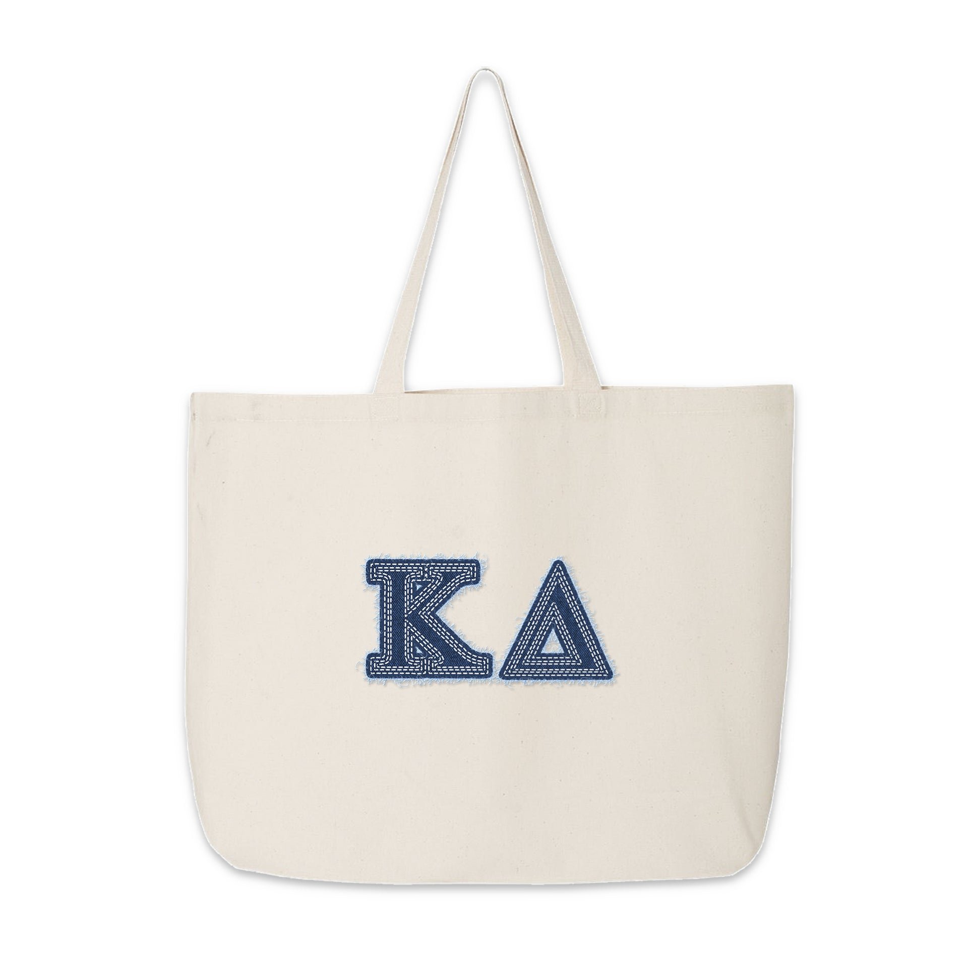 Kappa Delta denim-style letter tote bag photographed flat for product detail.
