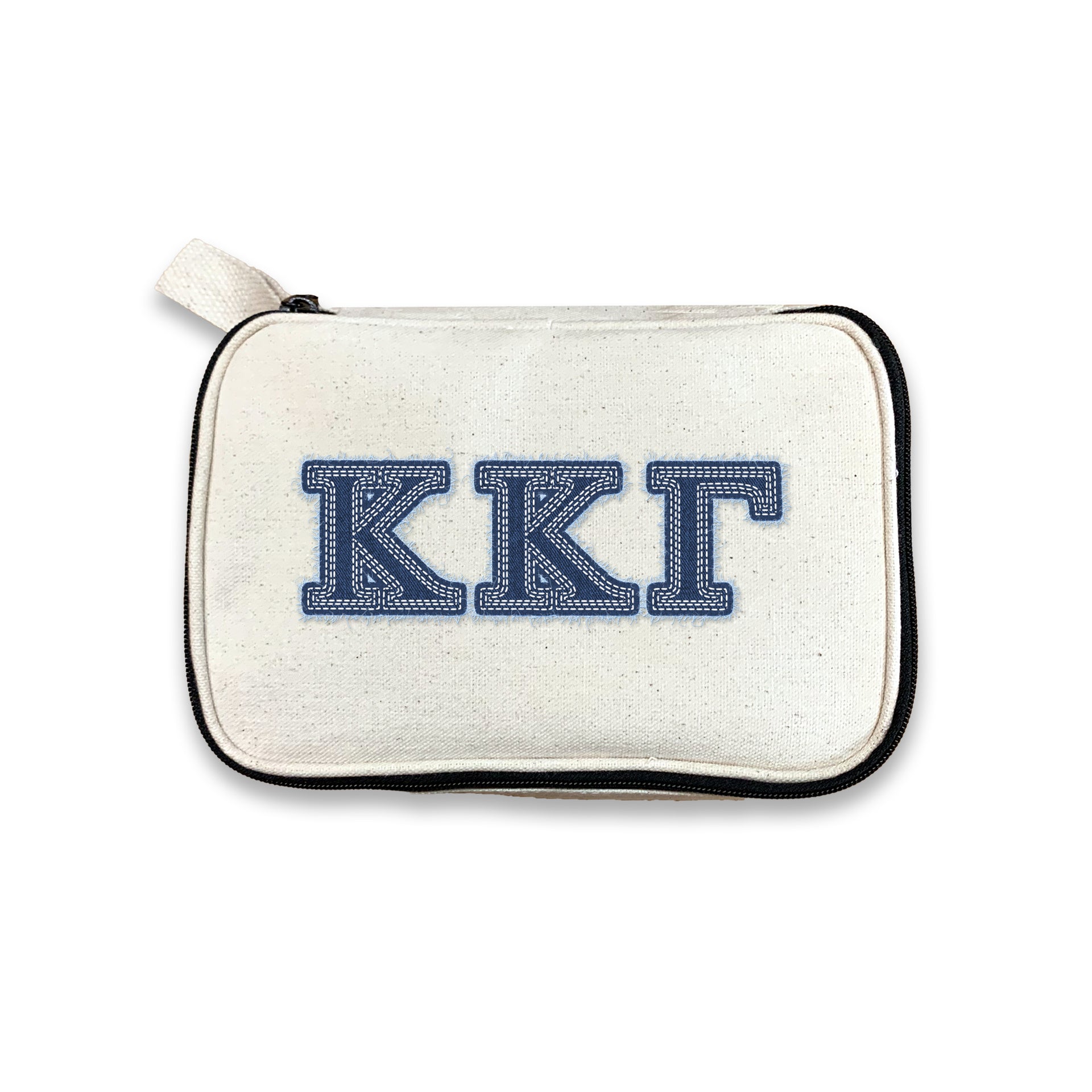 Kappa Kappa Gamma cosmetic pouch with KKG denim-style Greek letters, displayed on a white background.