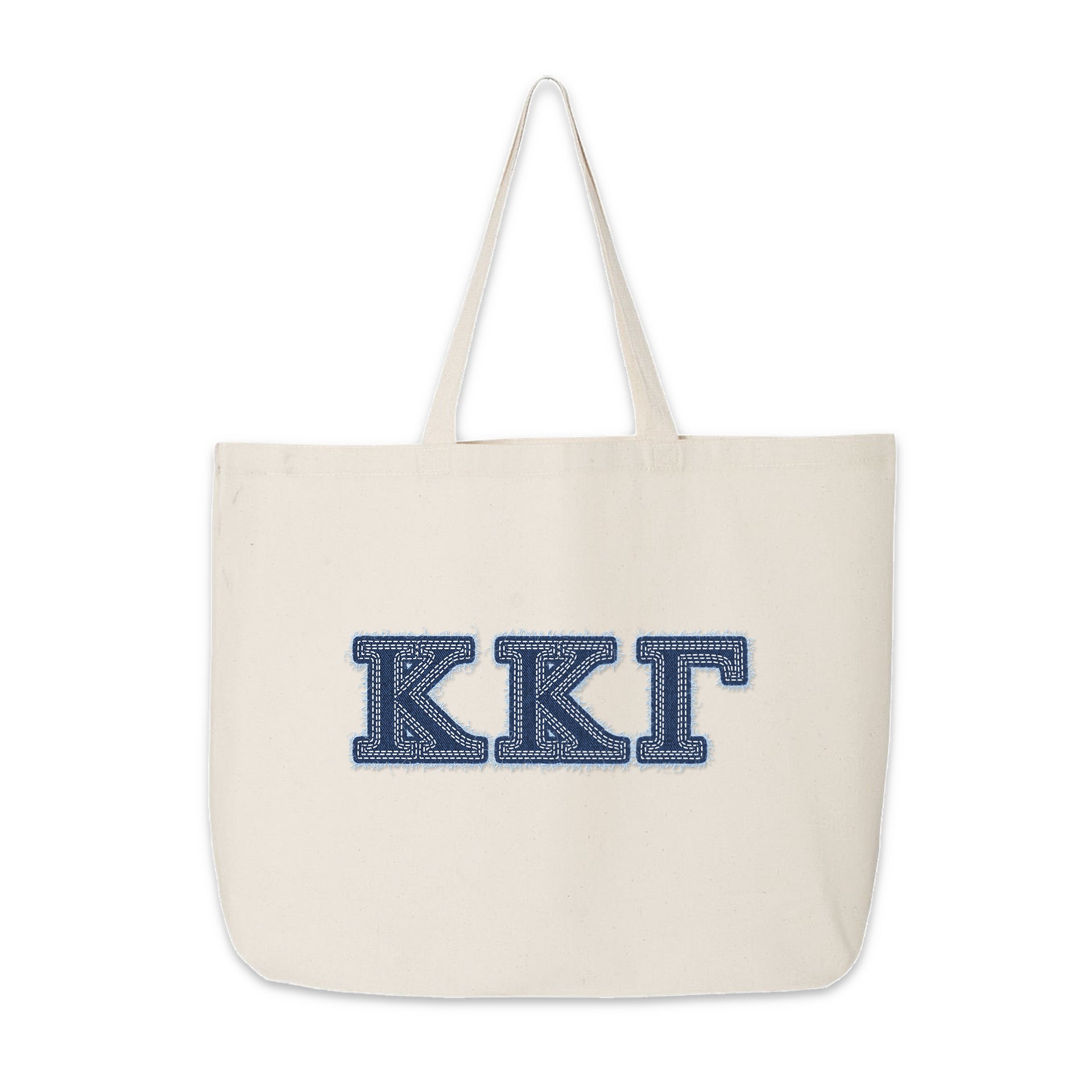 Kappa Kappa Gamma tote with denim Greek letters shown standing upright.