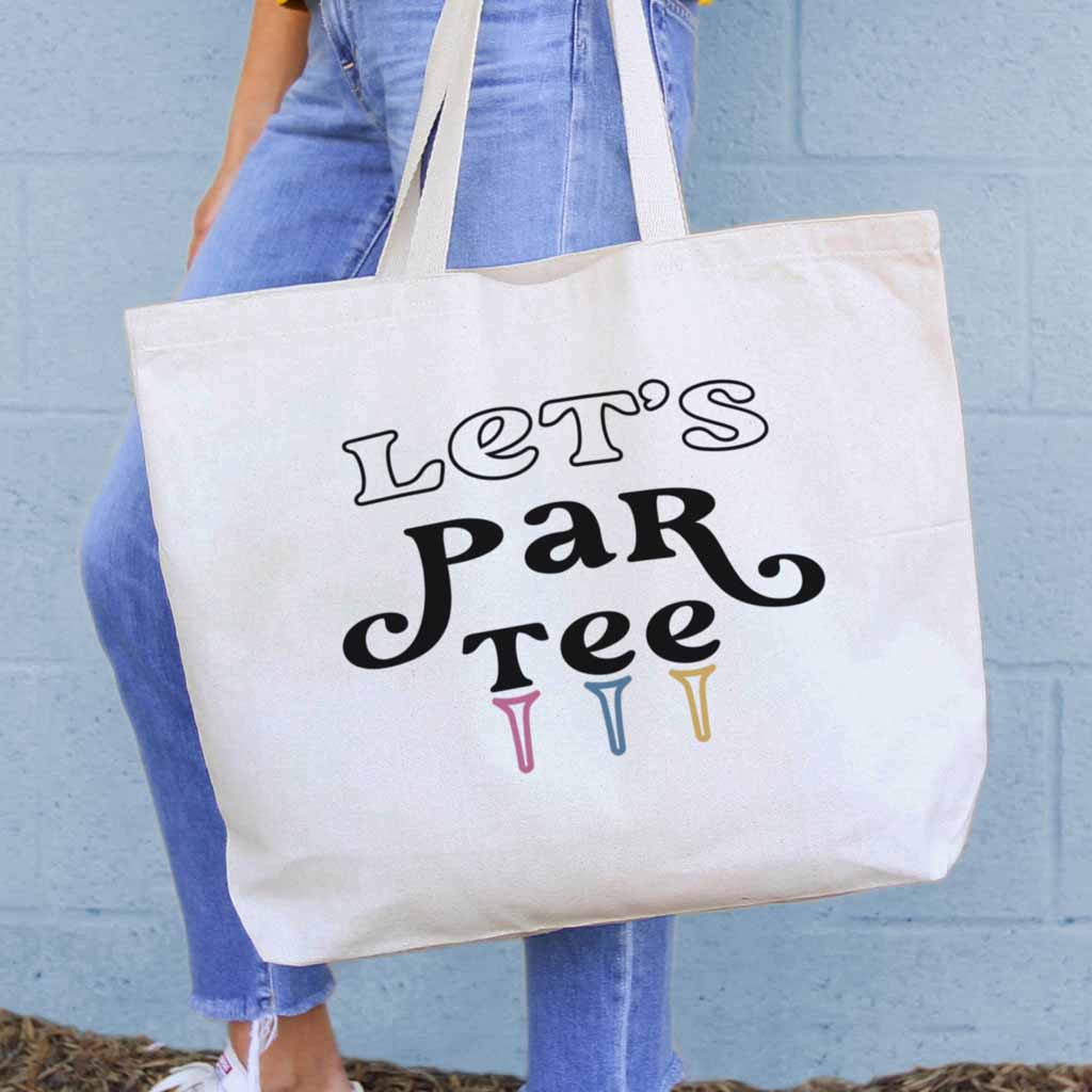 Large canvas tote bag digitally printed with lets par tee golf design.