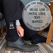 Man wearing custom printed dress socks featuring a personalized logo design, styled for a polished look—perfect for weddings, branding, or gifts.