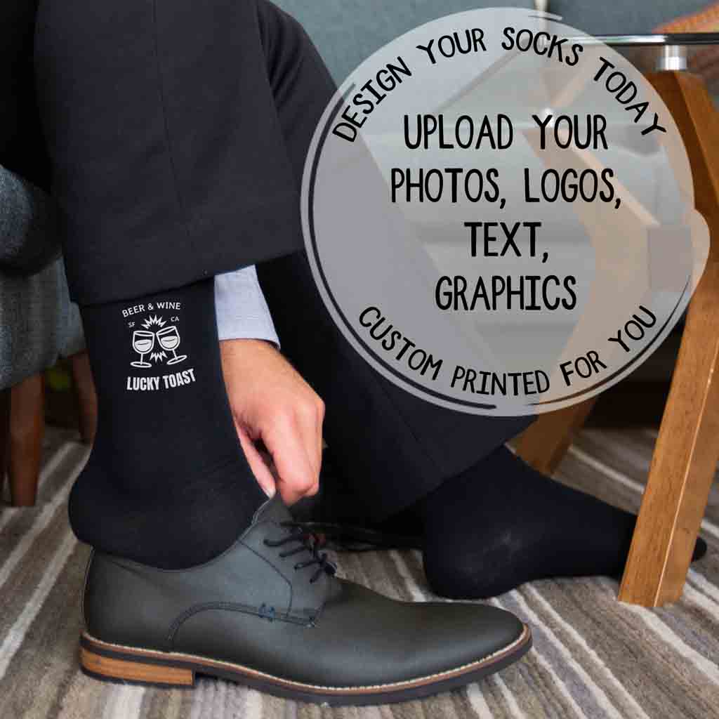 Man wearing custom printed dress socks featuring a personalized logo design, styled for a polished look—perfect for weddings, branding, or gifts.