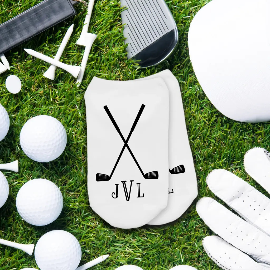 custom monogram golf socks with crossed golf clubs design