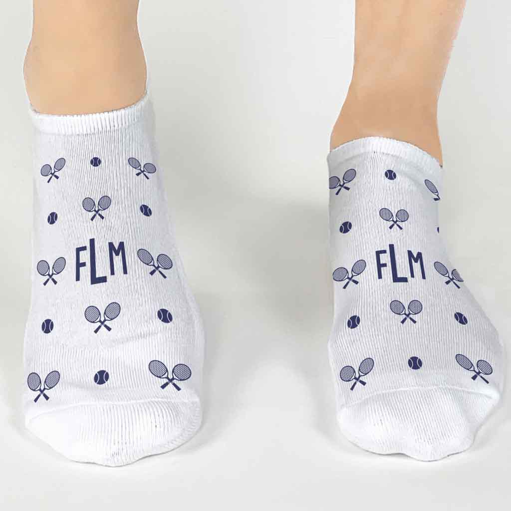 Fun personalized socks in a gift box set with a monogram tennis design.