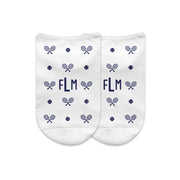 Navy tennis design with your monogram initials printed on white cotton no show socks in a gift box set.