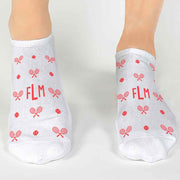 Personalized socks in a gift box set with a monogram tennis design.