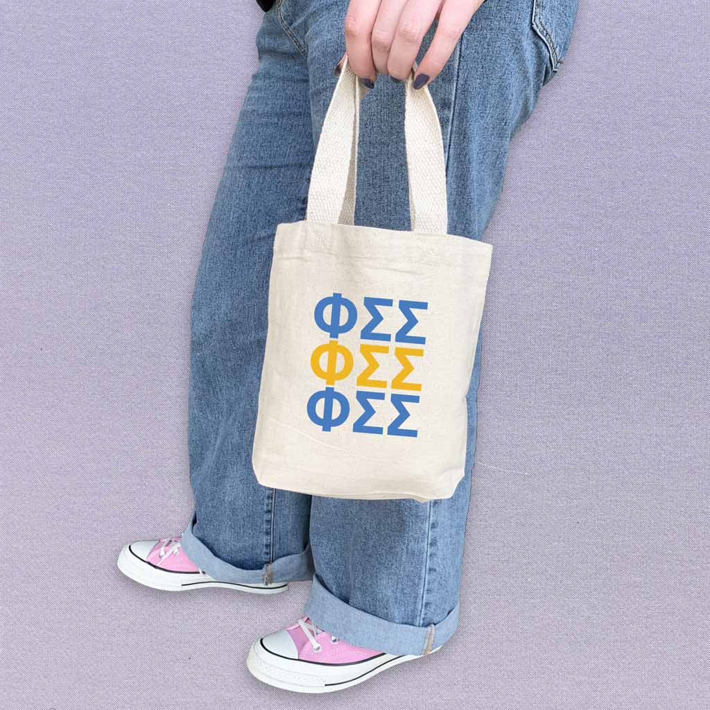 Phi Sigma Sigma sorority letters in sorority colors digitally printed on the perfect mini size natural canvas tote bag.