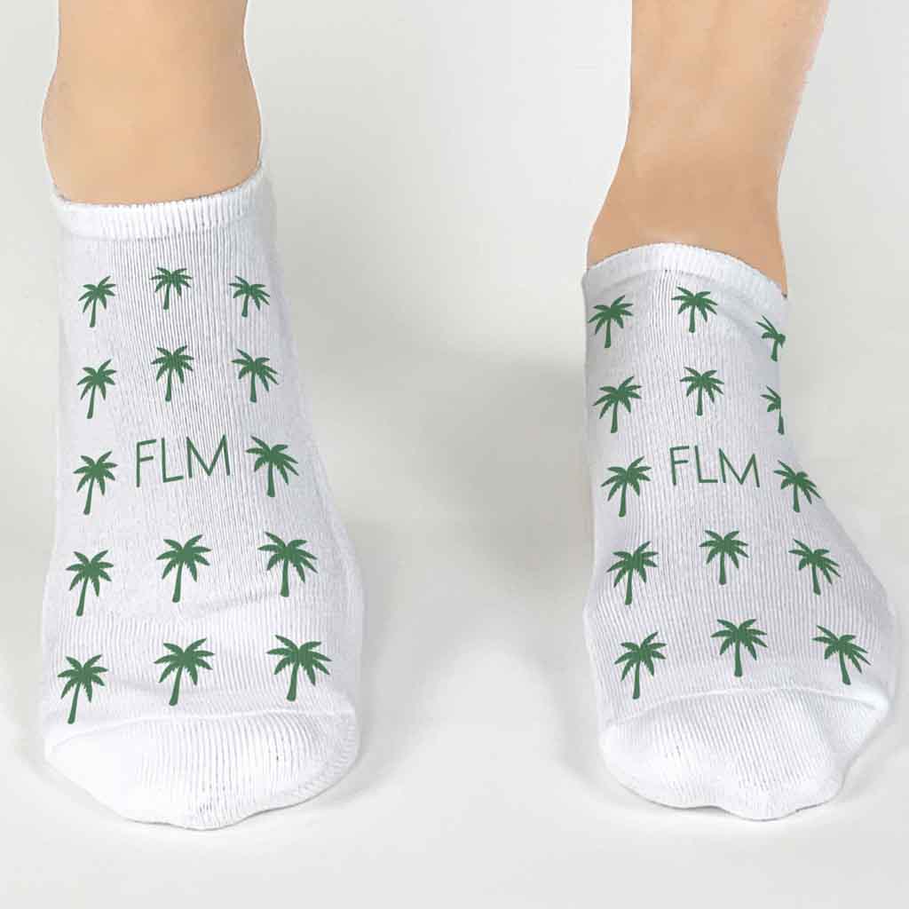 Palm tree beach vibe design digitally printed with your monogram initials on white cotton no show socks in a three pair gift box set.