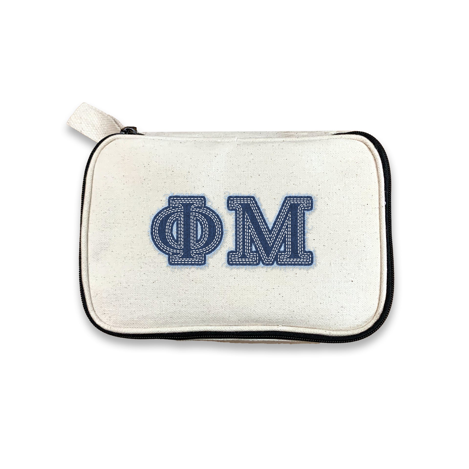 Phi Mu canvas makeup bag with Phi Mu Greek letters in denim-style print, photographed on white.