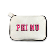 Phi Mu 3D Print Sorority Name Cosmetic Make Up Bag displayed on white background