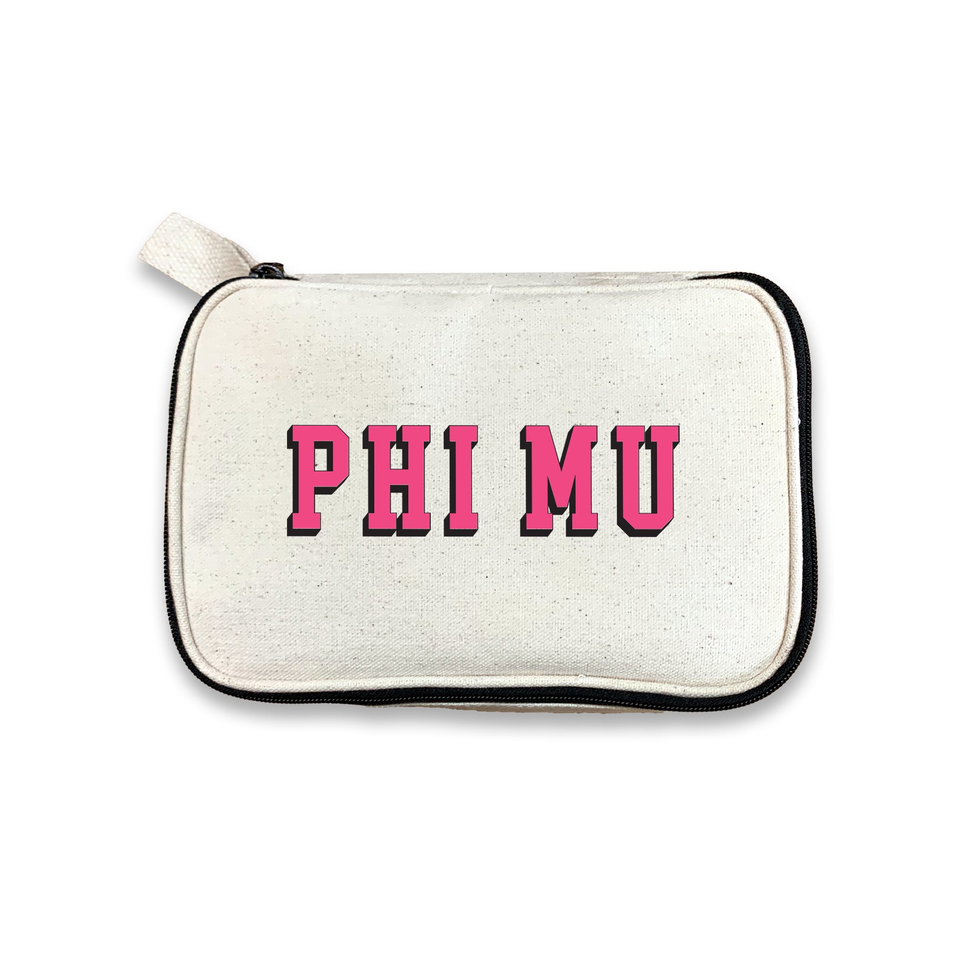 Phi Mu 3D Print Sorority Name Cosmetic Make Up Bag displayed on white background