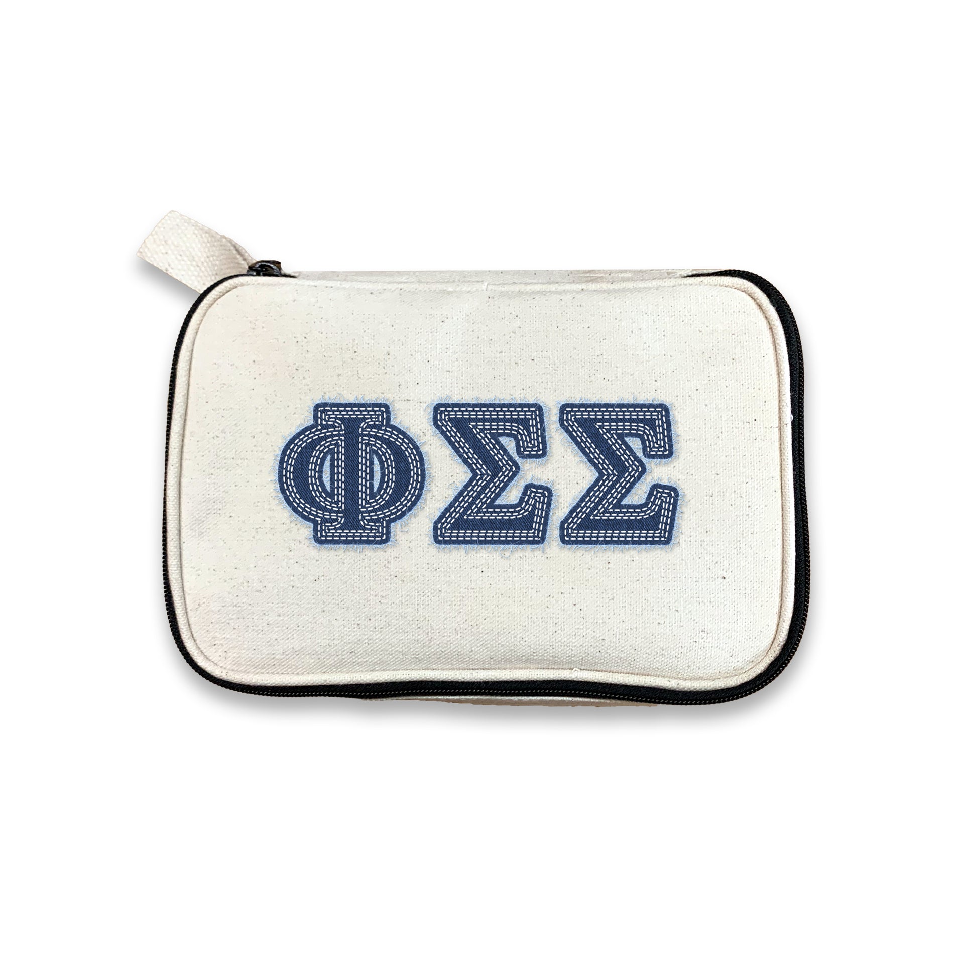 Phi Sigma Sigma sorority bag with Phi Sig denim-style lettering, set on a white background.