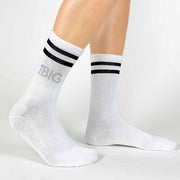 Phi Sigma Sigma sorority socks printed with big or little design on comfy black striped cotton crew socks.