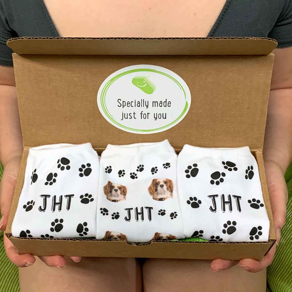 Photos and paw prints custom printed on white cotton no show socks in a three pair gift box set.