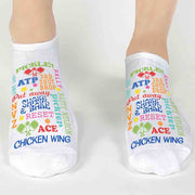 Design is printed on both no show ankle footie socks for both him and her!