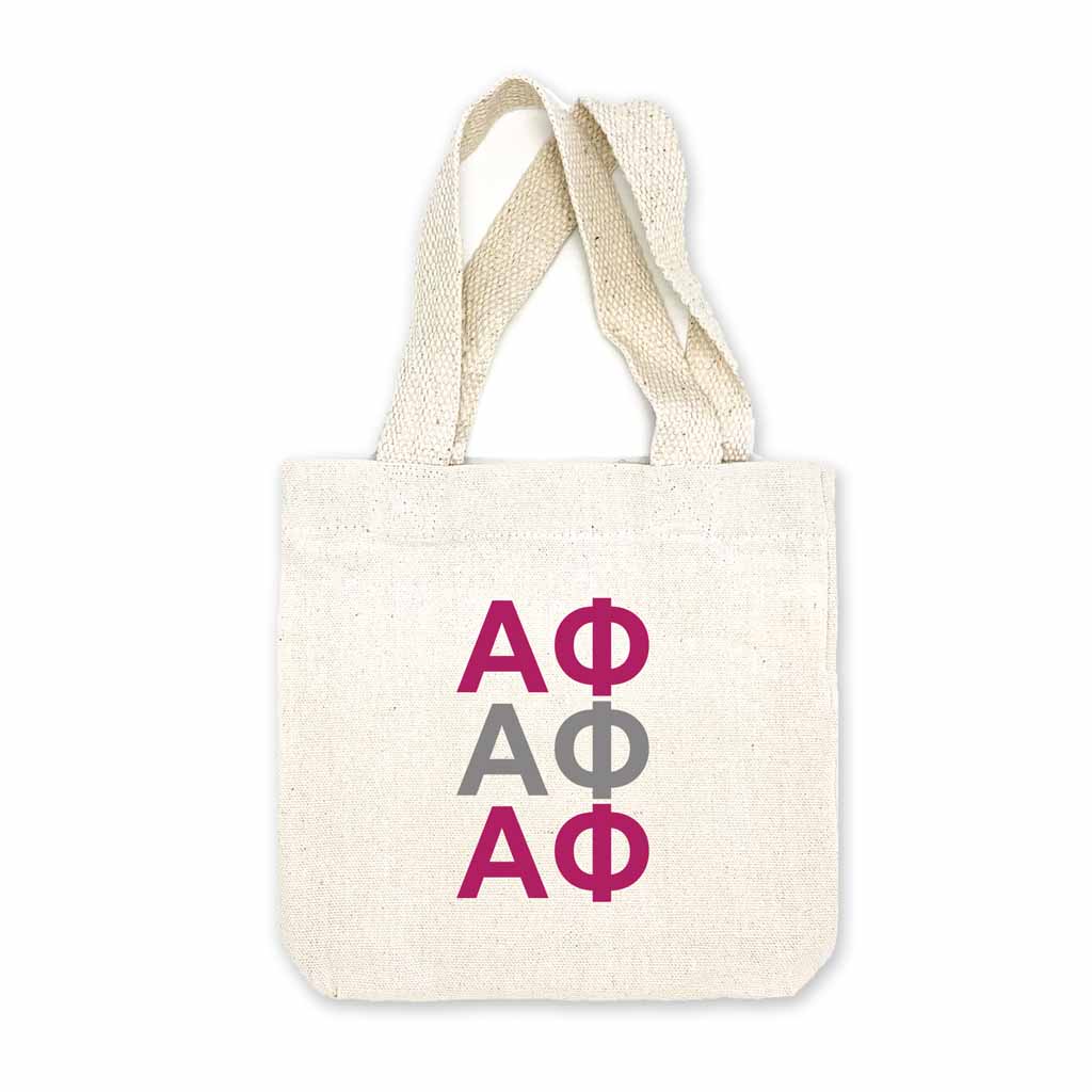 Sorority greek letters printed in sorority colors on natural canvas mini tote gift bag.
