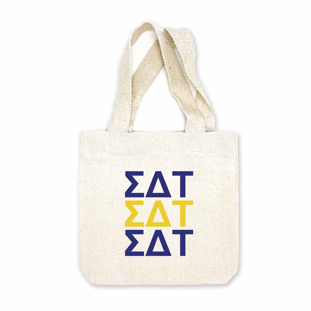 Sigma Delta Tau sorority letters digitally printed in sorority colors on natural canvas mini tote gift bag.