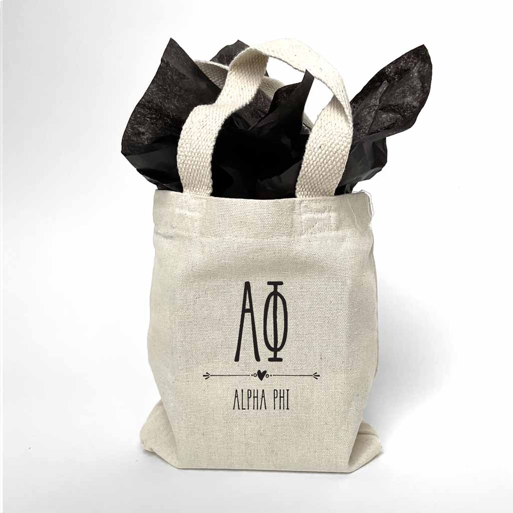 Sorority name printed with boho design on mini natural canvas tote bag makes the perfect gift for your sorority sisters.