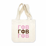 Sorority greek letters printed in sorority colors on natural canvas mini tote gift bag.
