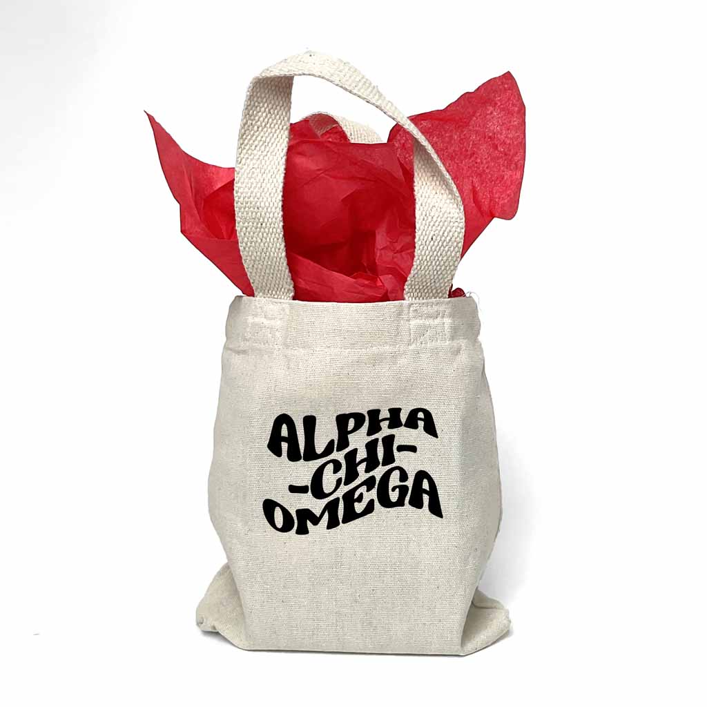 Sorority name printed with mod design on mini natural canvas tote bag makes the perfect gift for your sorority sisters.